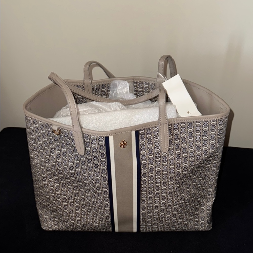 Tory Burch GEMINI LINK TOTE FRENCH GRAY LIGHT STRIPE